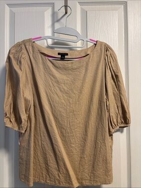 Ann Taylor Neutral Beige Puff-Sleeve linen Tunic Top